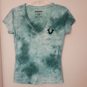 True Religion Teal Tie Dye Classic V-Neck Tee, Size S